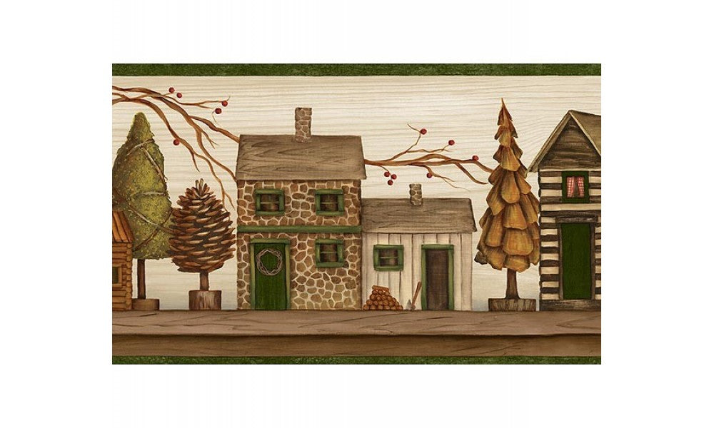 Green and Beige Lodge Houses TC48071 Wallpaper Border
