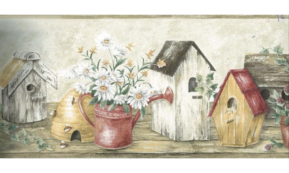 Wooden Cream Red Bird Houses HRB4101 Wallpaper Border