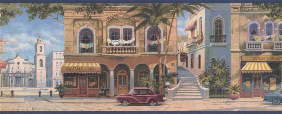 Havana Cigar Shops City Square Blue Trim HV6111B Wallpaper Border