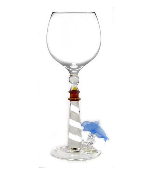 Blue Lighthouse Hand Blown Wine Glass