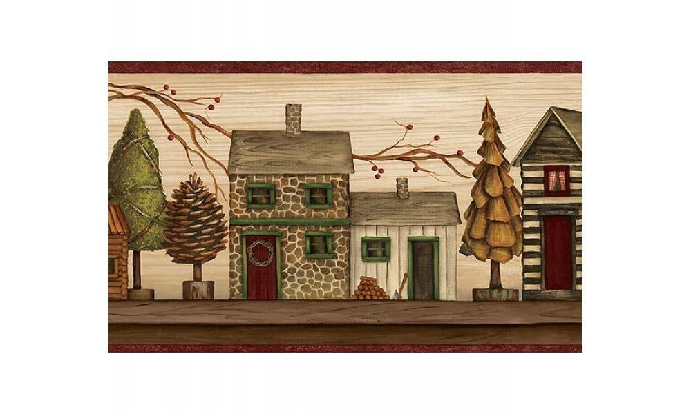 Burgundy and Beige Lodge Houses TC48072 Wallpaper Border