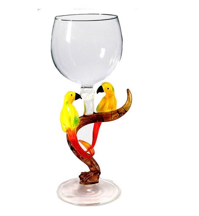 Yellow Love birds Hand Blown Wine Glass