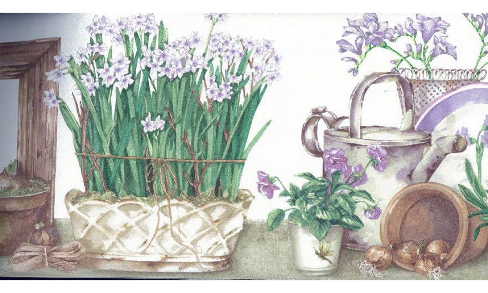 White Lilac Flower Pots KC78056 Wallpaper Border