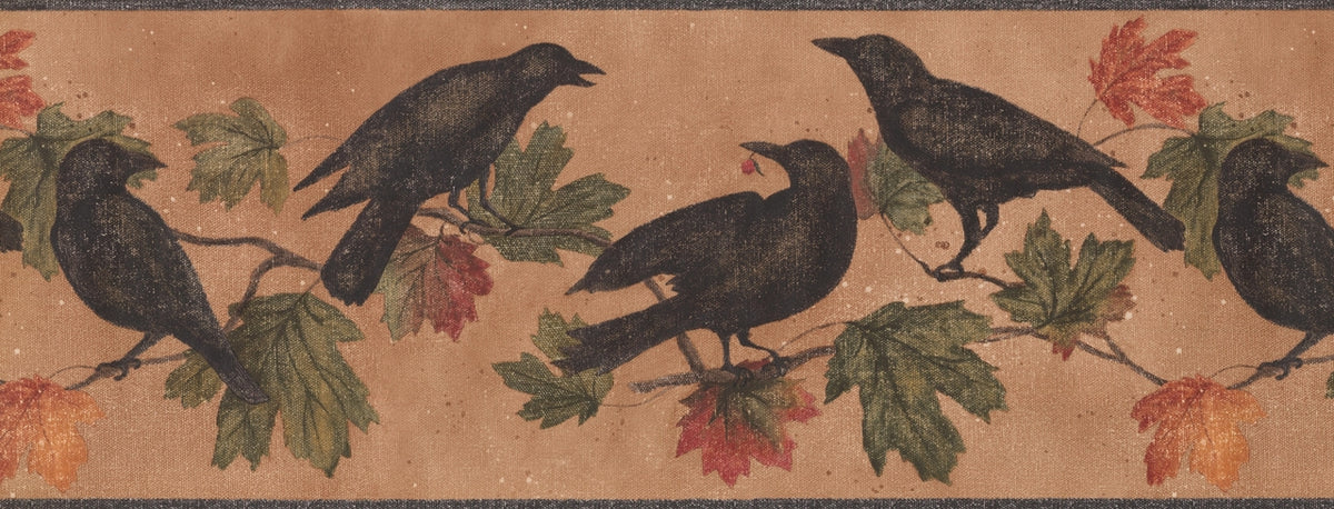 Black Birds on Branch Green WL5687B Wallpaper Border