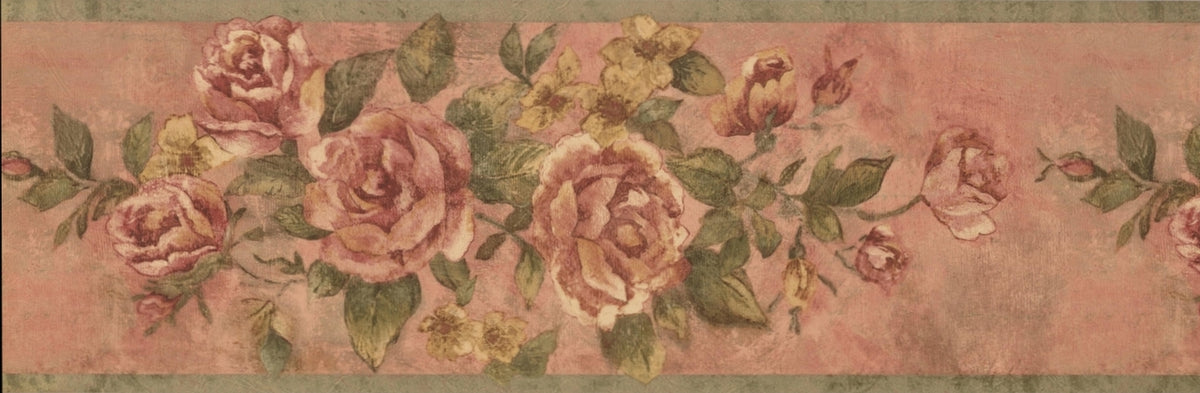 Bloomed Magenta Pink Roses on Vine Reddish Beige FFM10173B Wallpaper Border