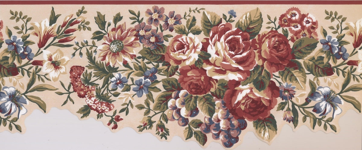 Red Blue Flowers Grapes Vintage AU5111B Wallpaper Border