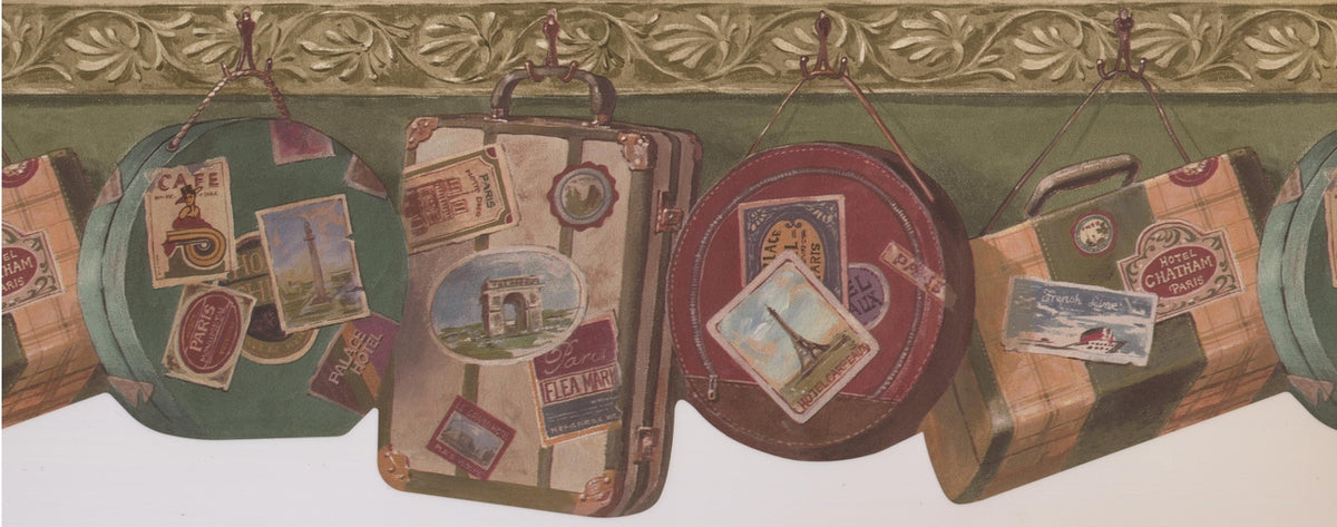Vintage Suitcases Bags on Hooks Olive Green FFM10065B Wallpaper Border