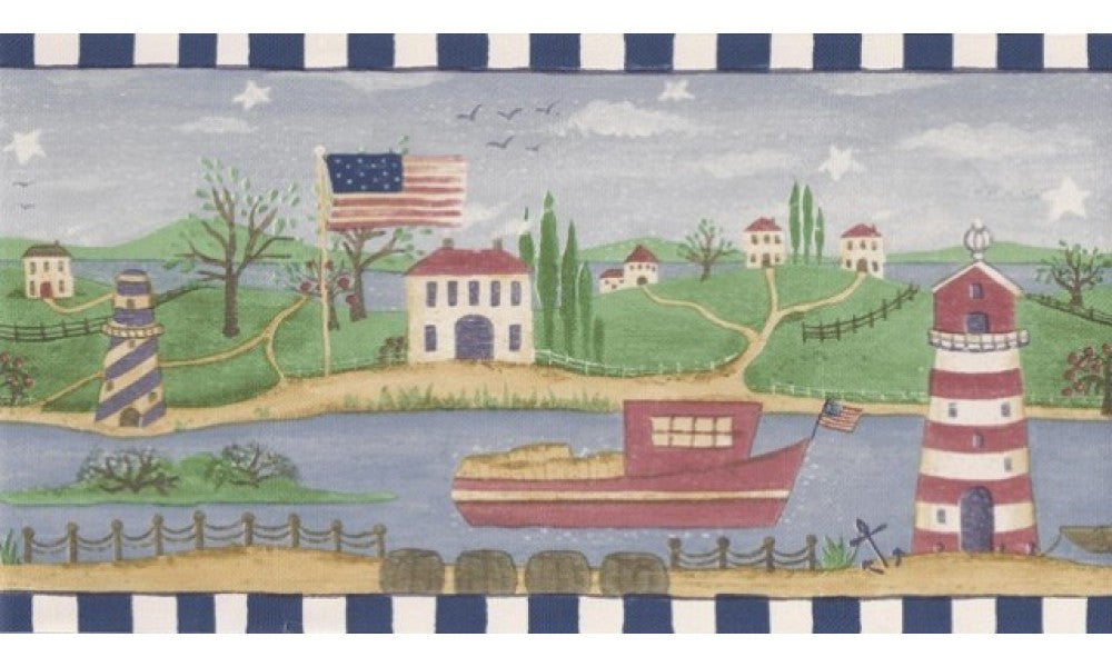 Blue White River Lighthouses US314310 Wallpaper Border