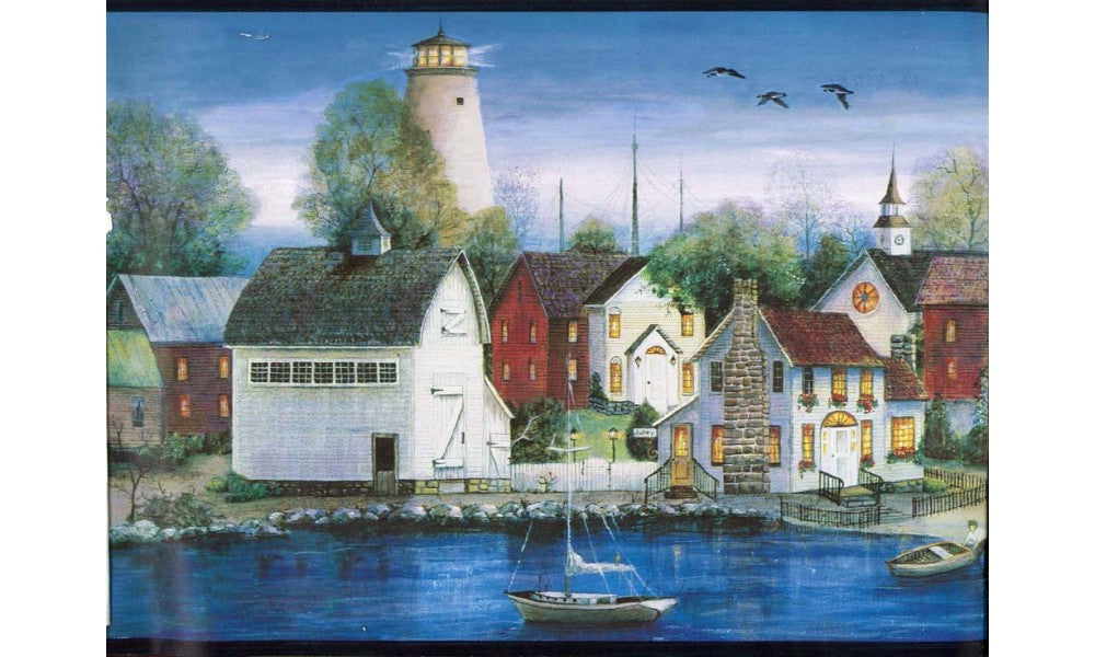 Blue and Black Country Houses PC95091 Wallpaper Border