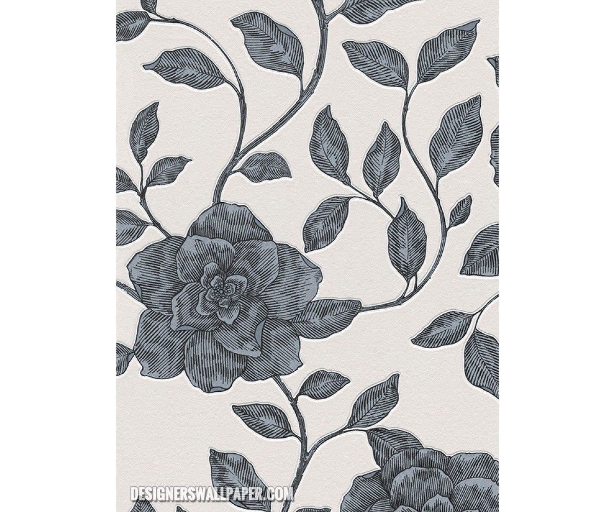 Rose Floral Scroll Grey White Metallic 945112 Wallpaper
