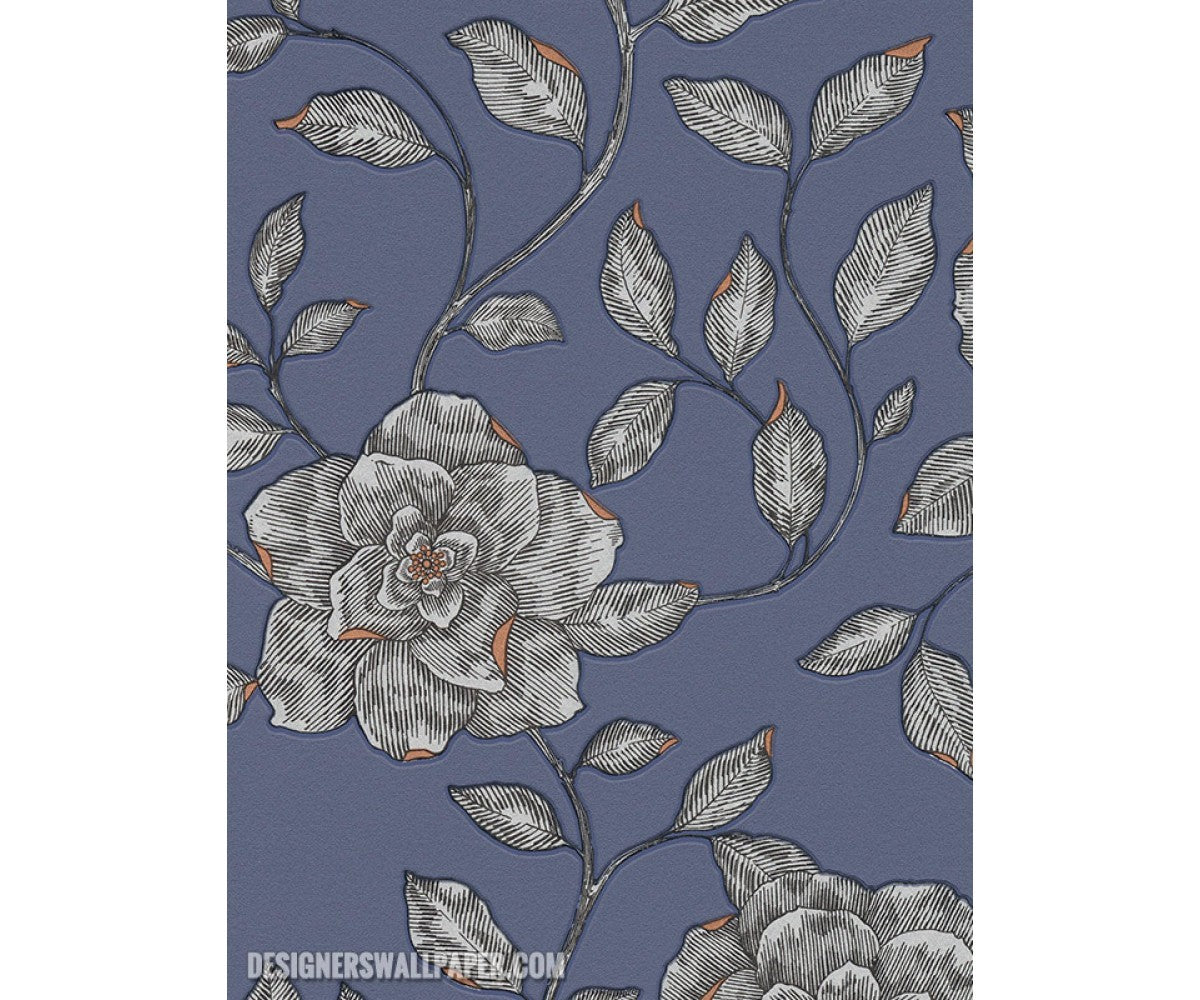 Rose Floral Scroll Blue Grey Metallic 945143 Wallpaper