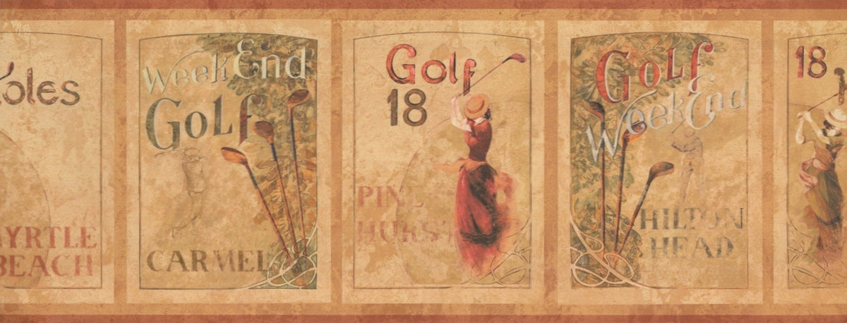 Vintage Golf Ads Beige Brown GF7104BD Wallpaper Border