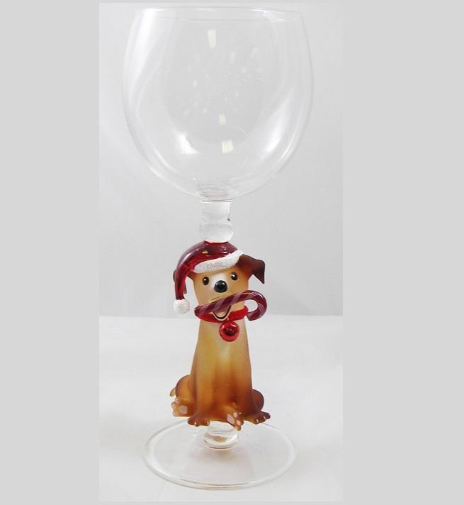 Christmas Puppy w/Candy Cane Hand Blown Wine Glass