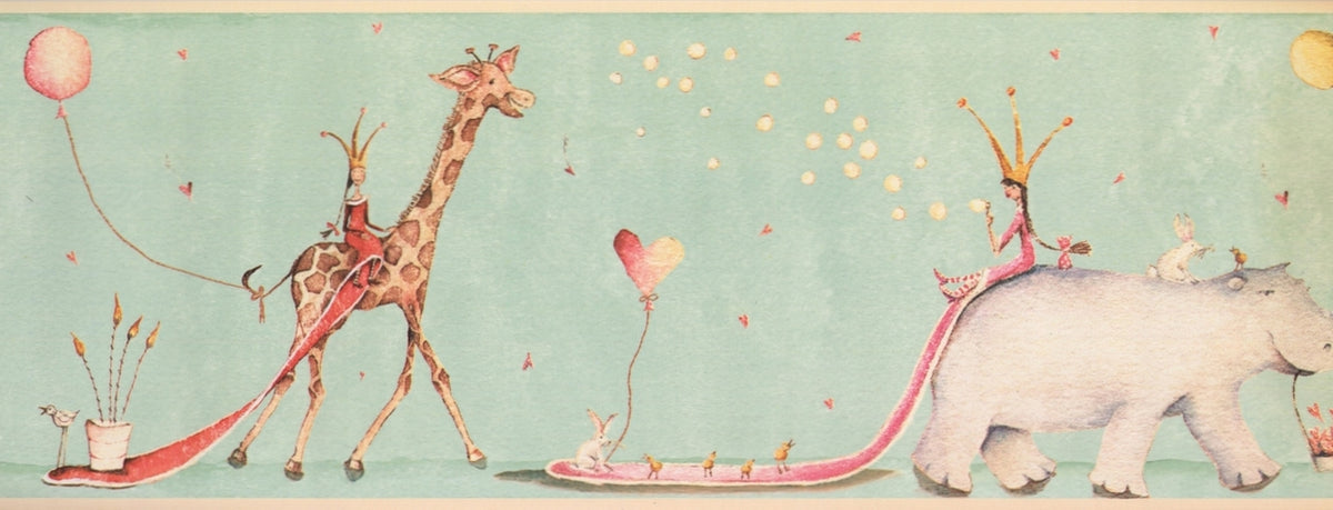 Crowned Princesses on Giraffe Hippo Mint Green IT7318BD Wallpaper Border