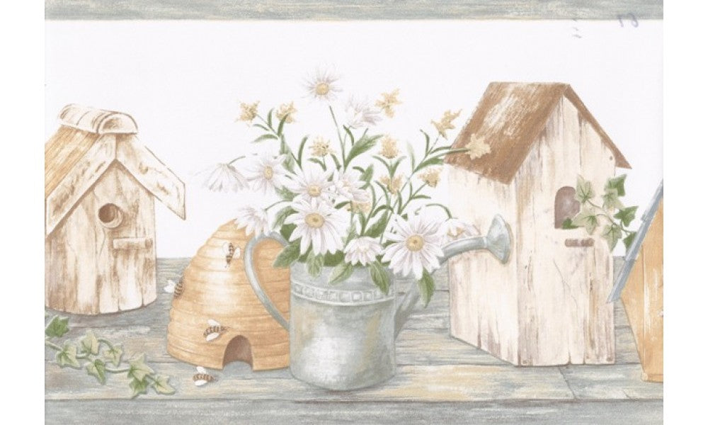 Green White Birdhouse Daisies HRB4109 Wallpaper Border