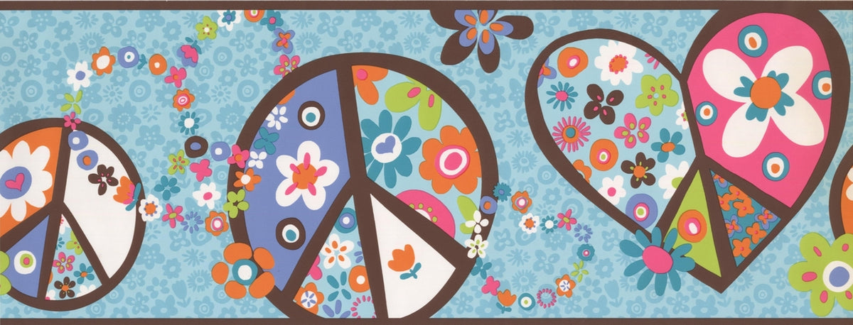 Blue Teal White Hearts Peace PW3918B Wallpaper Border