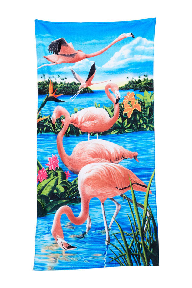 Flamingos &amp; Lake Velour Beach Towel