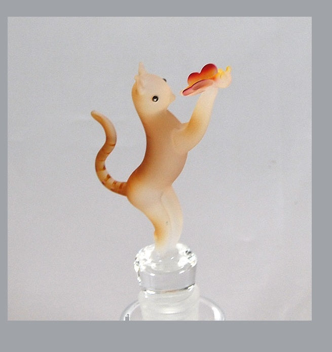 Opaque Brown Cat w/ Butterfly Hand Crafted Bottle Stopper