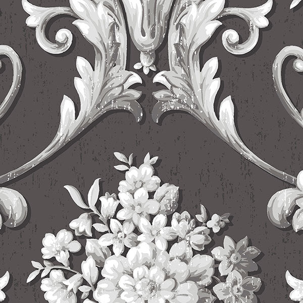 Dark Brown with Silver Bold Vintage Damask CS35625 Wallpaper