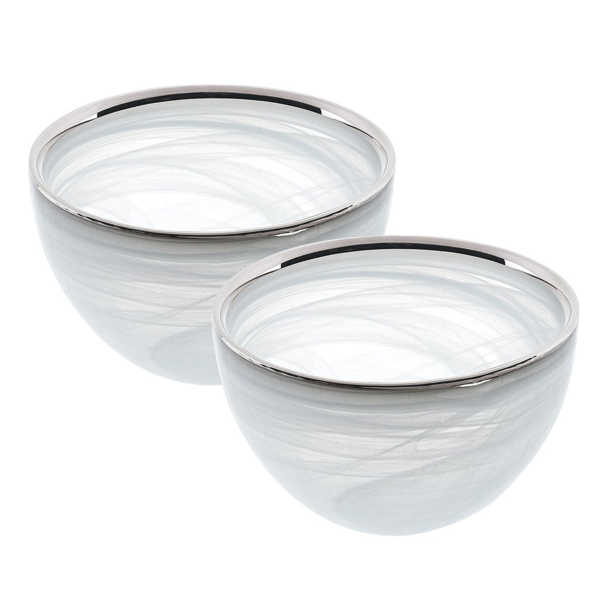Pair of White Alabaster Bowls Silver Trim