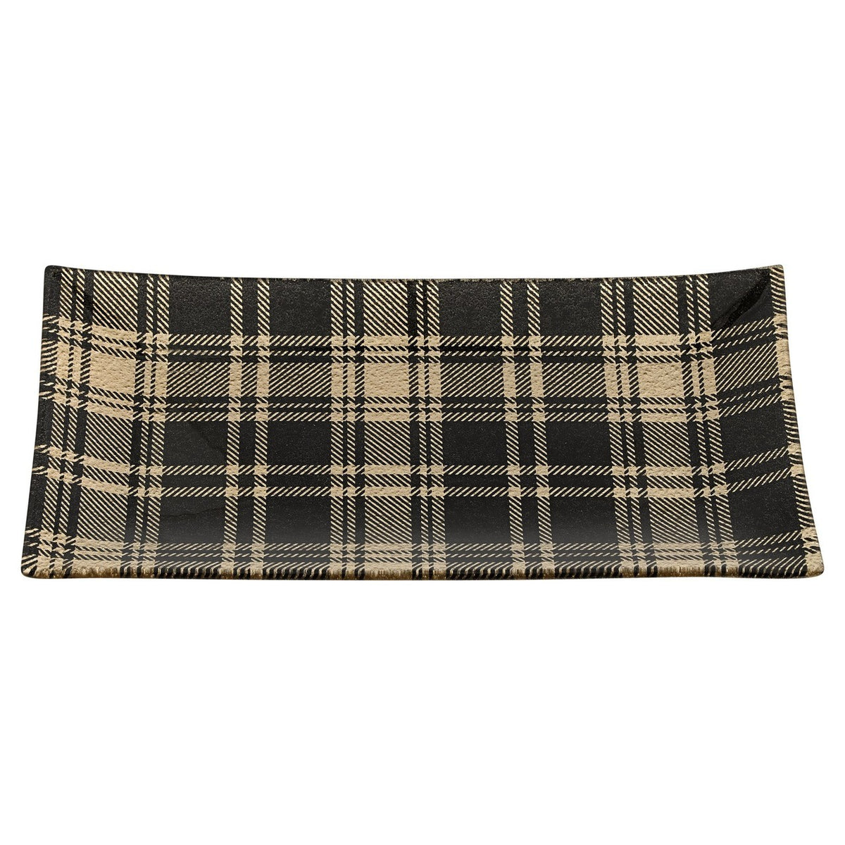 Champagne on Black Plaid Glass Decor Tray 12.5 x 6