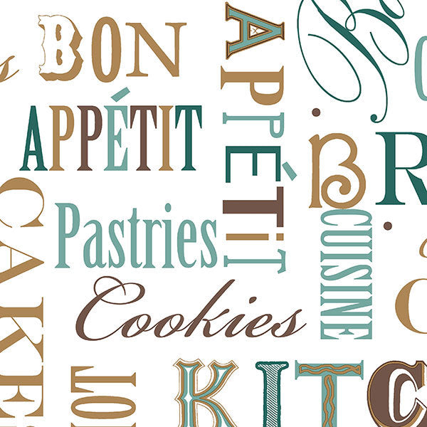 Blue Brown Bon Appetit Script FK34412 Wallpaper