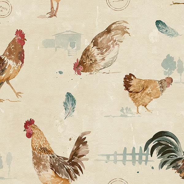 Green Off White Country Roosters FK34434 Wallpaper