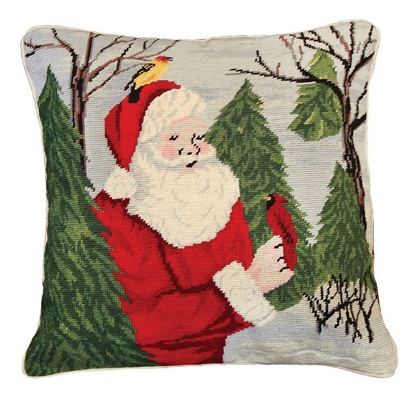 Santa with Birds 18x18 Needlepoint Pillow