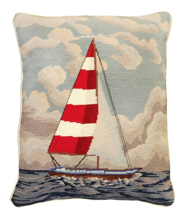 Red &amp; White Sailboat 20x16 Needlepoint Pillow