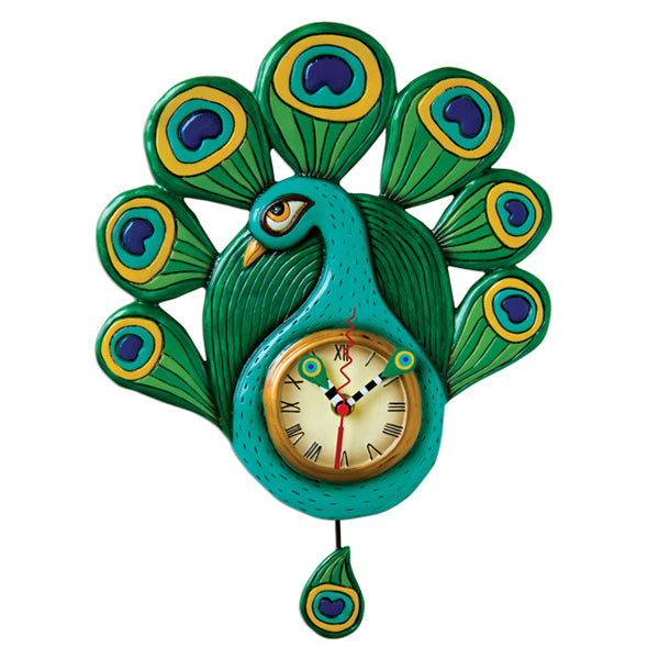 Green Pretty Peacock Clock Art by Allen Designs