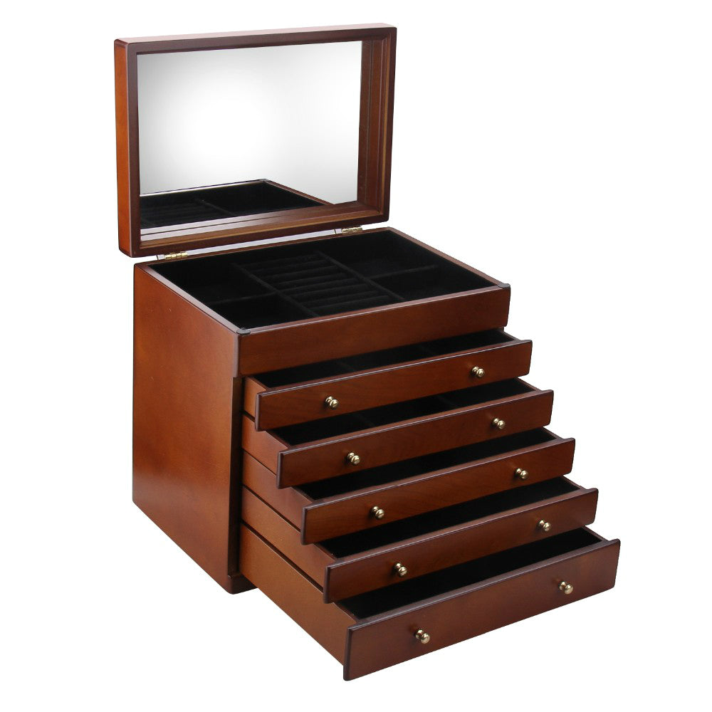 Wooden Walnut Finish Large 5 Drawer Jewelry Box