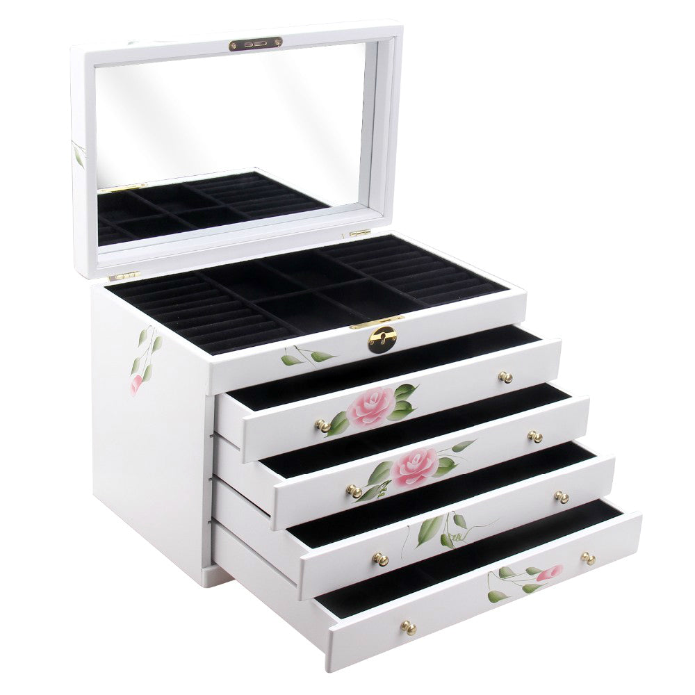 White Personalized Large Jewelry Box with Drawer, Carrying Handle, and