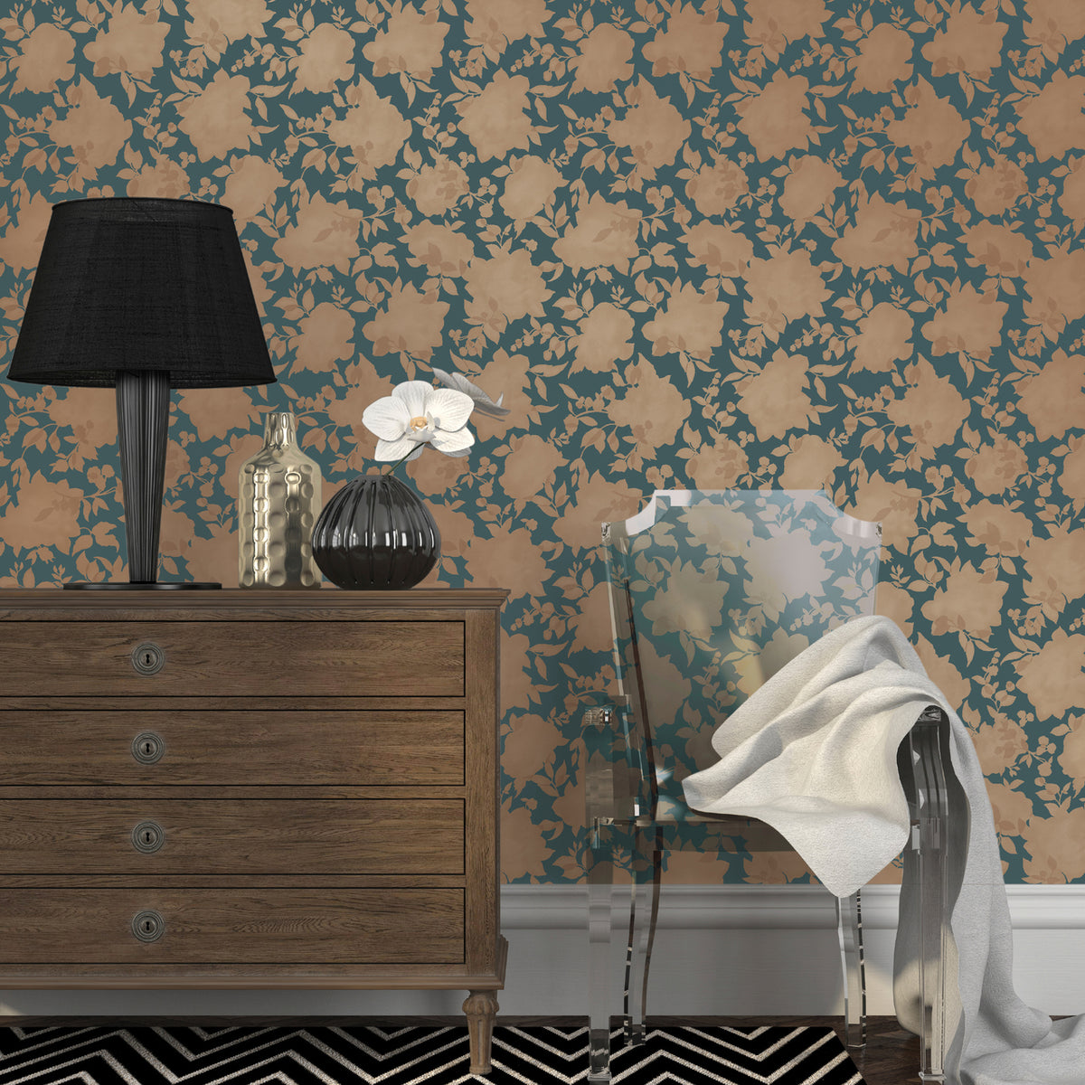 Silhouette Peacock Blue And Gold Self-Adhesive SI512 Wallpaper