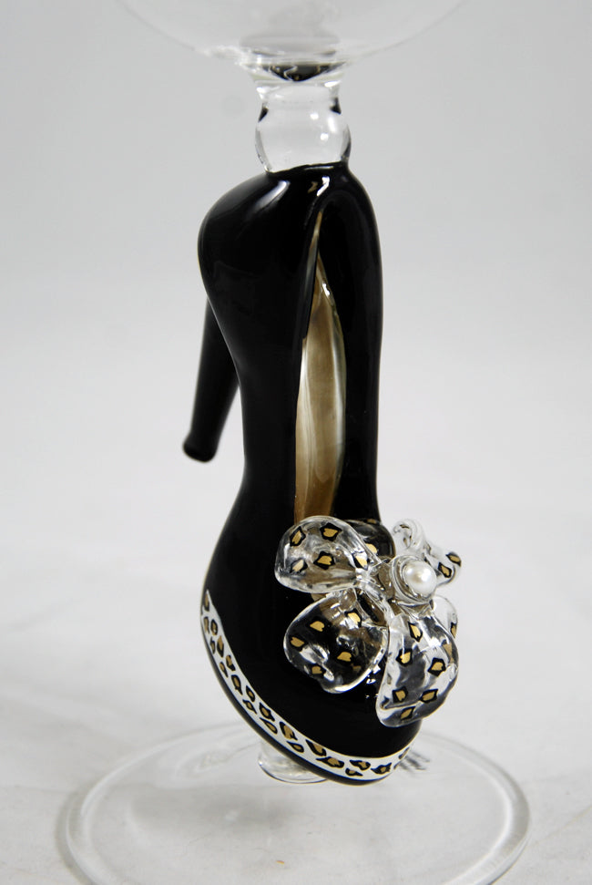 Black Shoe With Leopard Design Hand Blown Wine Glass