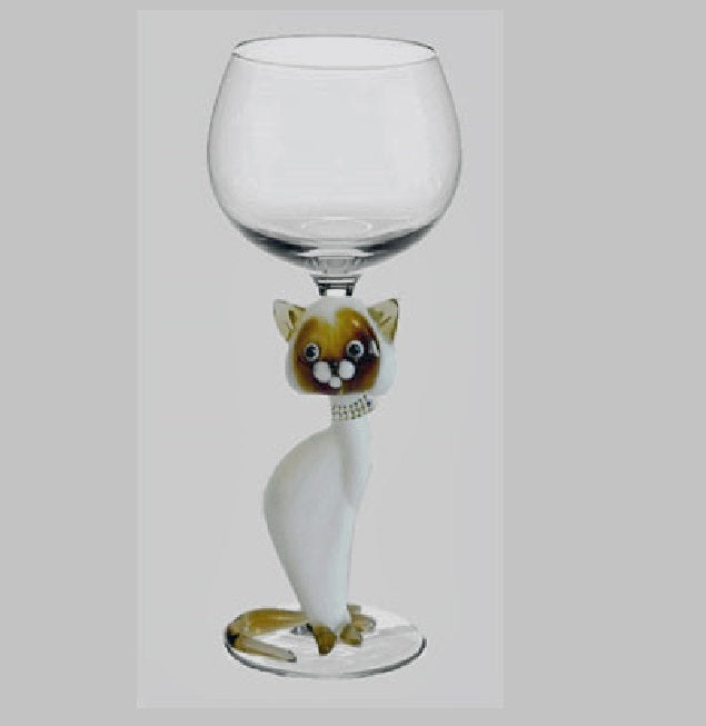 Siamese Cat Hand Blown Wine Glass