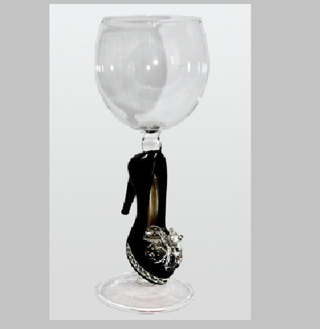 Black Shoe With Leopard Design Hand Blown Wine Glass