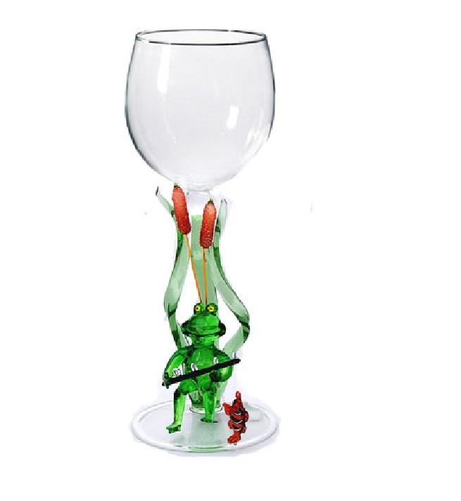 Green Frog fisherman Hand Blown Wine Glass