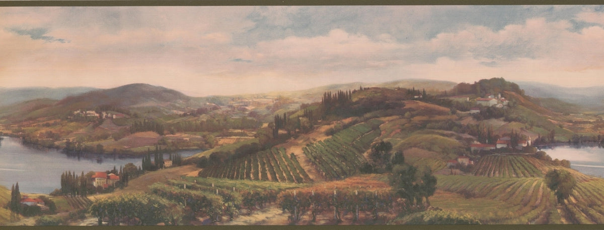Village on Rolling Hills by Lake Green AU5131B Wallpaper Border