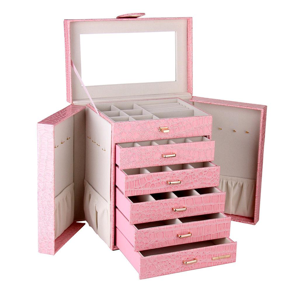 Pink Black Extra Large 6 Drawer Jewelry Box
