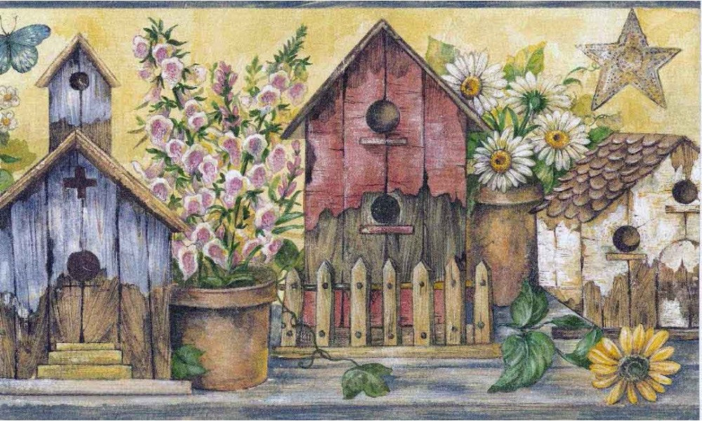 Grey Birdhouses Floral 5503940 Wallpaper Border