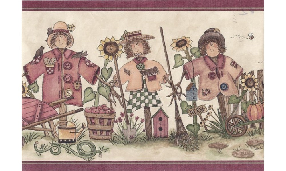 Burgundy Cream Scarecrows Bees ALB3753 Wallpaper Border
