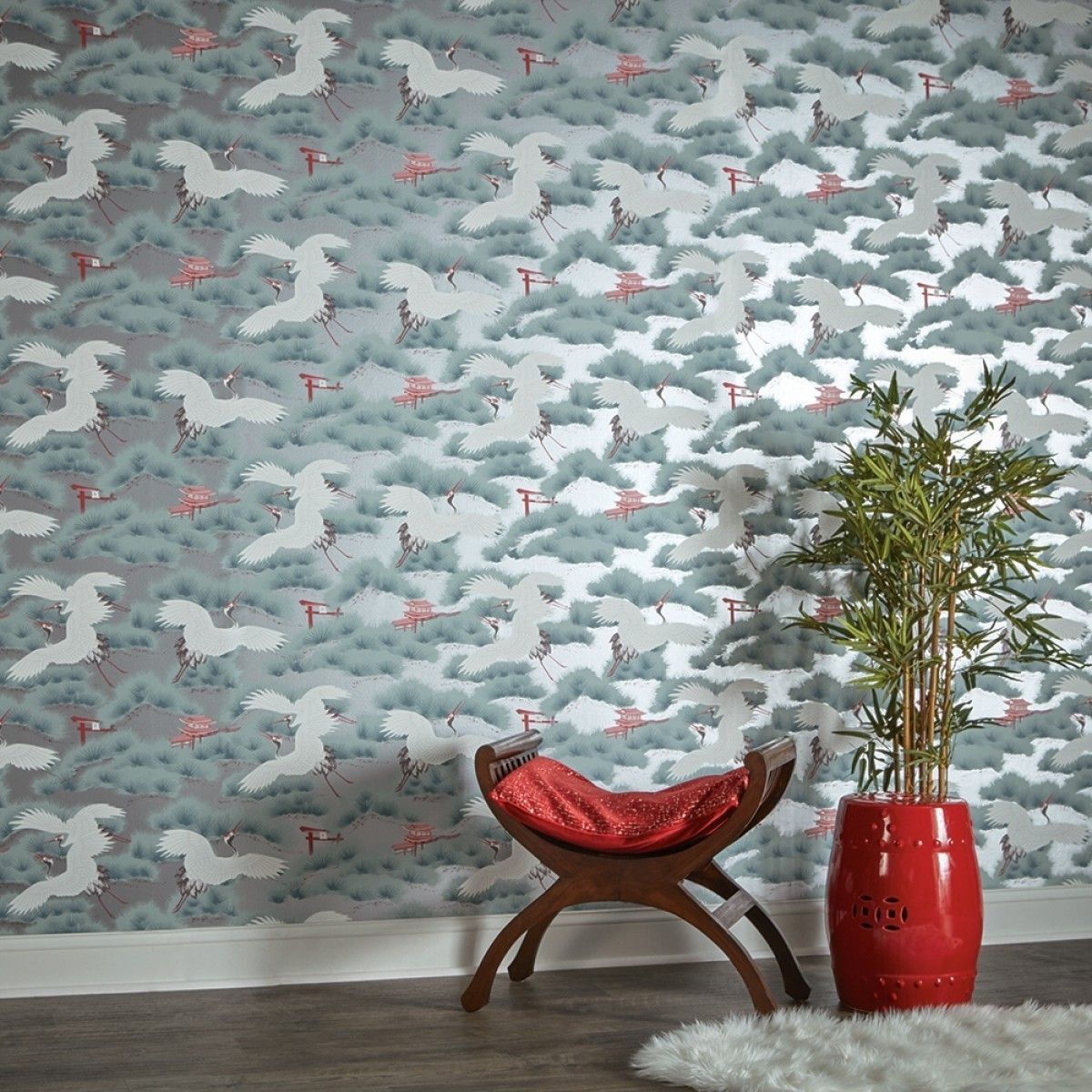 Asian Toile Sterling Cherry Blossom Red AS539 Self-Adhesive Wallpaper