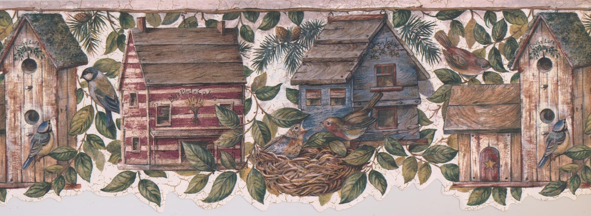 Sparrow Blue Striped Red Birdhouse Hotels Retro BSB7141B Wallpaper Border