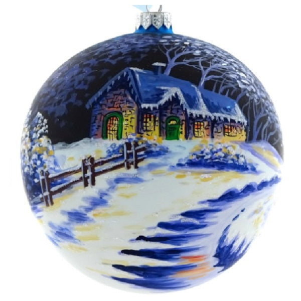 Blue Hand Painted Snowy Cabin Glass Holiday Ornament