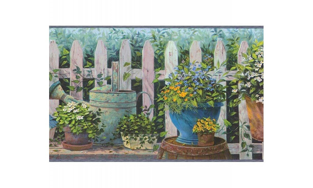 Blue and Green Floral Pots PC95021 Wallpaper Border