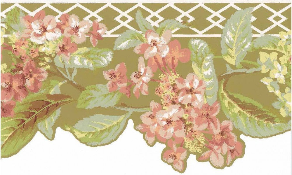 Pink Flower Green Leaf Floral LT9609 Wallpaper Border