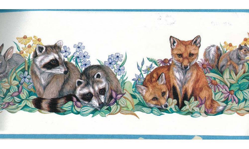 Light Blue White Forest Animals Floral BU110 Wallpaper Border