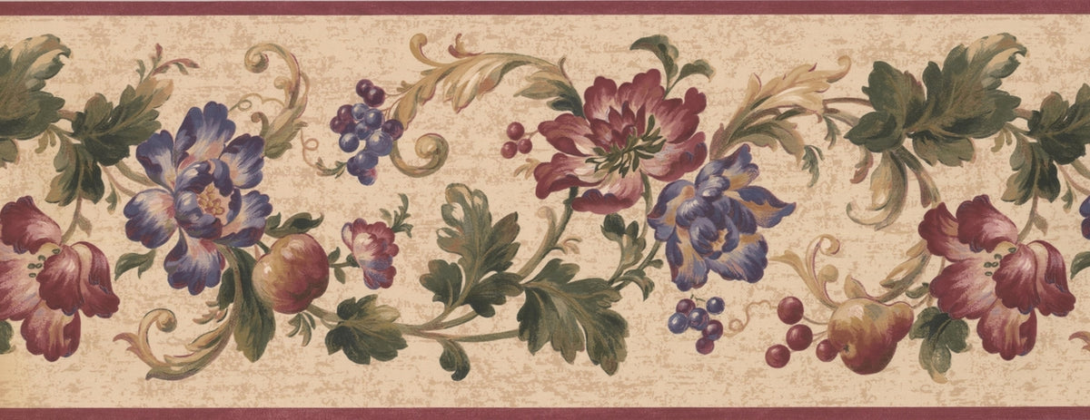 Violet Flowers Apples Berries Vine Buttermilk Tan HV6062B Wallpaper Border