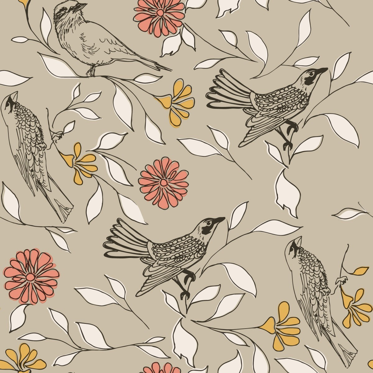 Birds Greige BI476 Self-Adhesive Wallpaper