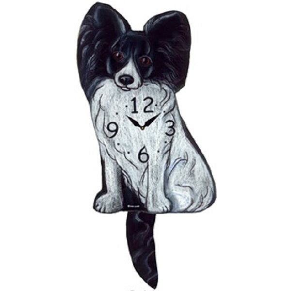 Black Papillon Dog Wagging Pendulum Clock